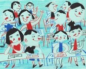 Literature lesson/ ORIGINAL ILLUSTRATION / Children decor / kids art / House view / Cyan / Happy kids