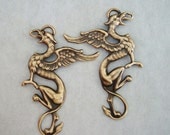GRYPHON PENDANTS, Custom Dark Patina, Great Earring or Necklace Supply, Pair, USA Brass, Metal Bonded Ring
