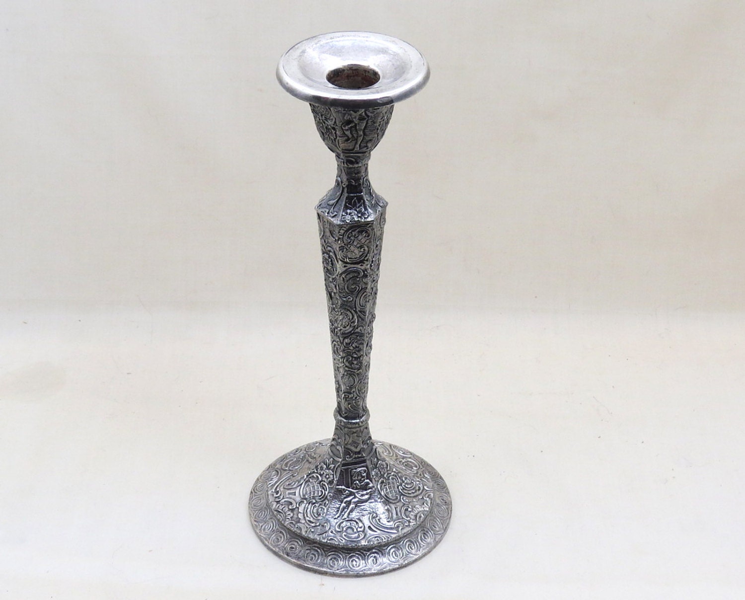 circa 1900 Derby Silver Plate Repousse Minstrel Candlestick