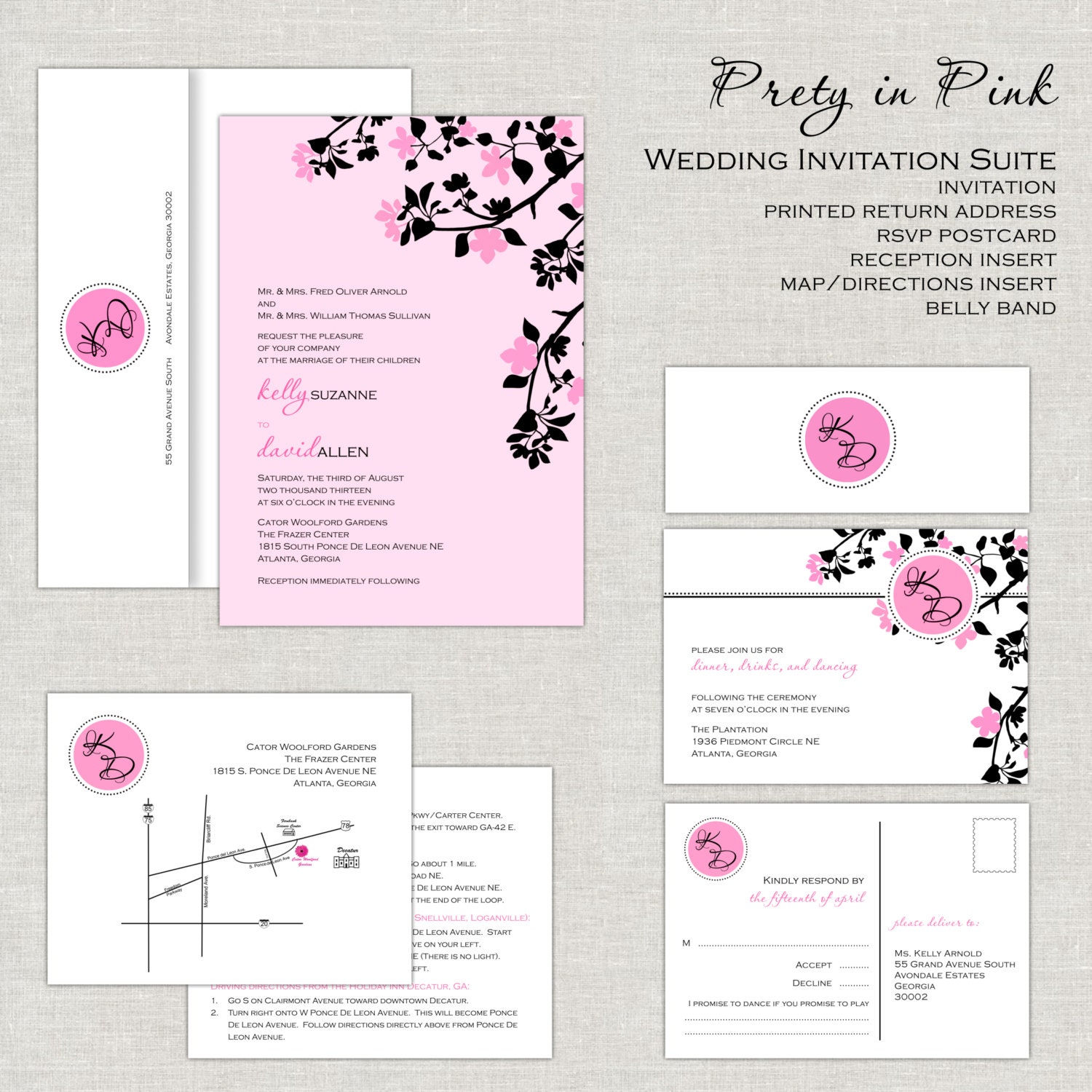 Pretty In Pink Wedding Invitations, Pale Pink & Black Wedding Invitation, Wedding Invites, Modern Monogram, Belly Band Il_170x135