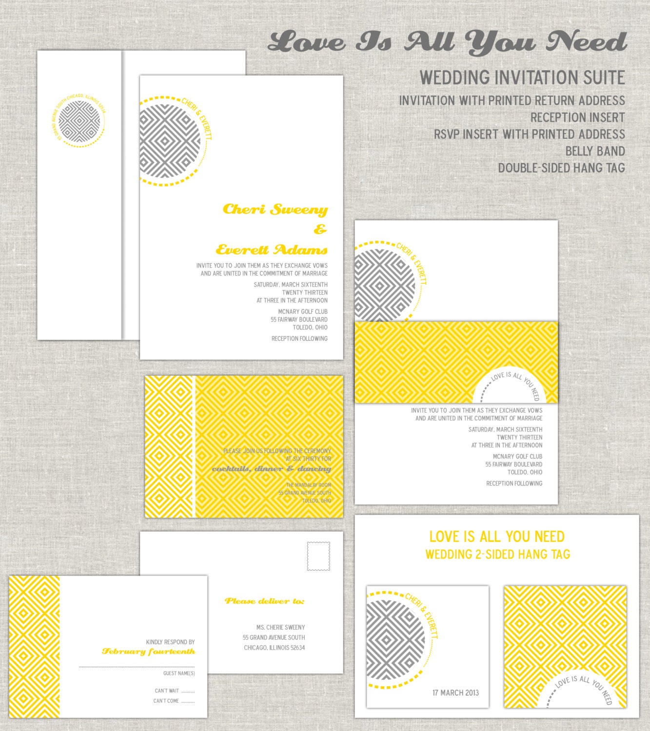 Geometrical Wedding Invitations, Modern Yellow Wedding Invites, Gray Wedding Invitation, Bright, Belly Band, Contemporary, Bold Il_570xn