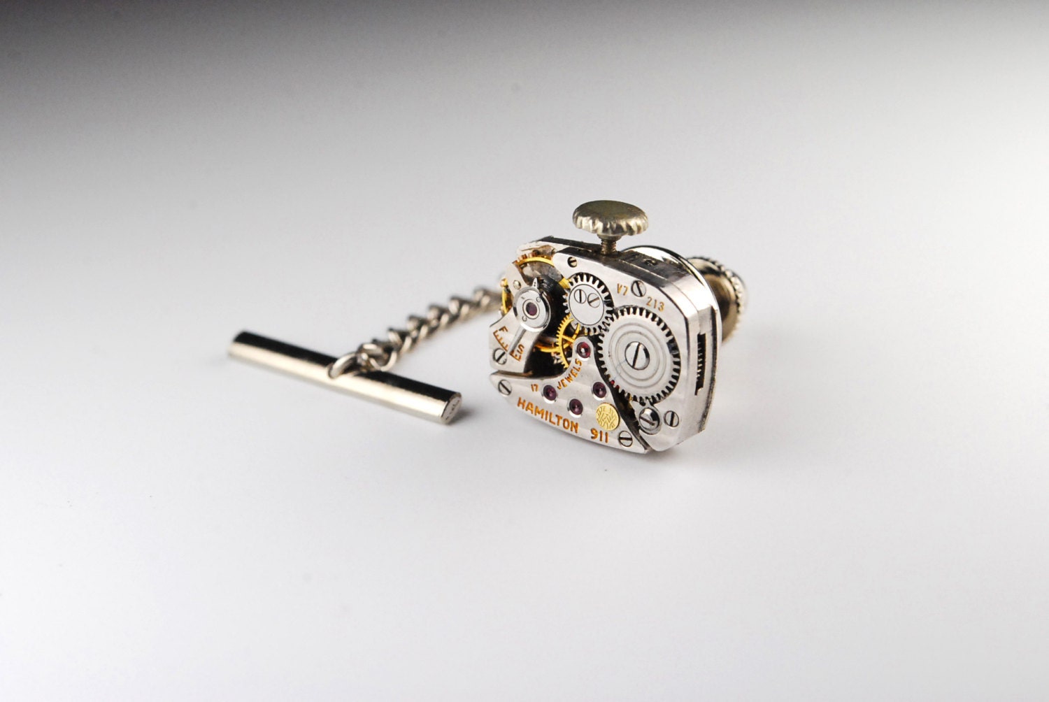 Steampunk Tie Tack Vintage Hamilton 911 Ruby Jewel Silver Watch Movement Mens Gear Tie Tac - Accessories by Steampunk Vintage Design