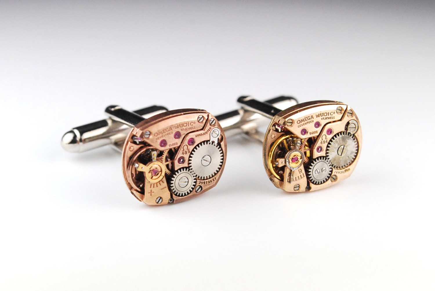 Steampunk Cufflinks Genuine OMEGA - Rose Gold - Luxury Watch Movement Cuff Links -- Great for Wedding Gift - Fathers Day - Anniversary