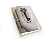Journal with Key - Leather Journal with Black Vintage Key - Silver Gray Leather Cover