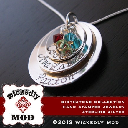 Birthstone Collection - Chloe Triple Cup w 3 Crystals hand stamped necklace - Personalized Necklace - Hand Stamped Jewelry - Mother Necklac