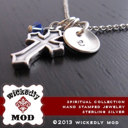 Spiritual Collection - Bella initial disc w/crystal and inset cross charm personalized necklace - Hand Stamped Necklace - Jewelry