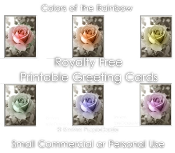 ROYALTY FREE - Seven Printable Greeting Cards Rainbow Roses 7 Colors Blank Inside Large Combined Digital PDF file - Instant Download