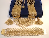 Vintage Necklace /Choker Earrings Bracelet Set Cleopatra Egyptian Chunky Links Textured Links 60s Retro Art Deco Runway Statement