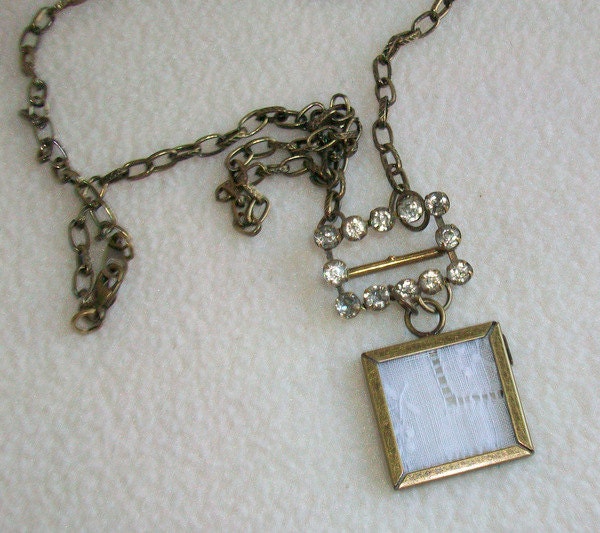 Bridal Necklace White Vintage Hankie Double Sided Glass Frame and Heirloom Rhinestone Buckle