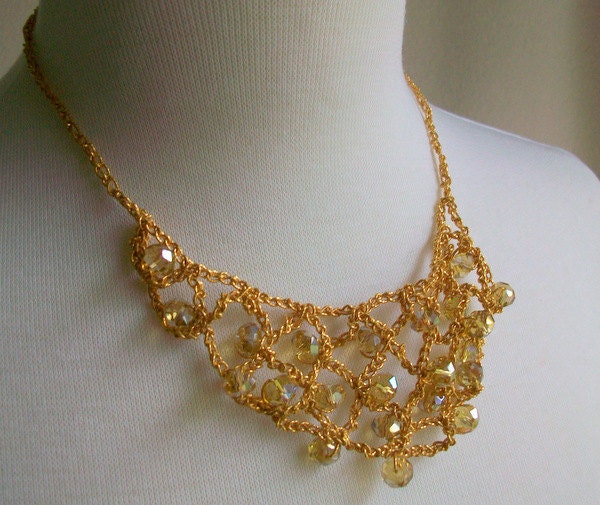 Bridal Bib Necklace Crocheted Elastic Gold Thread Cut Crystal Gold Beads Woven In