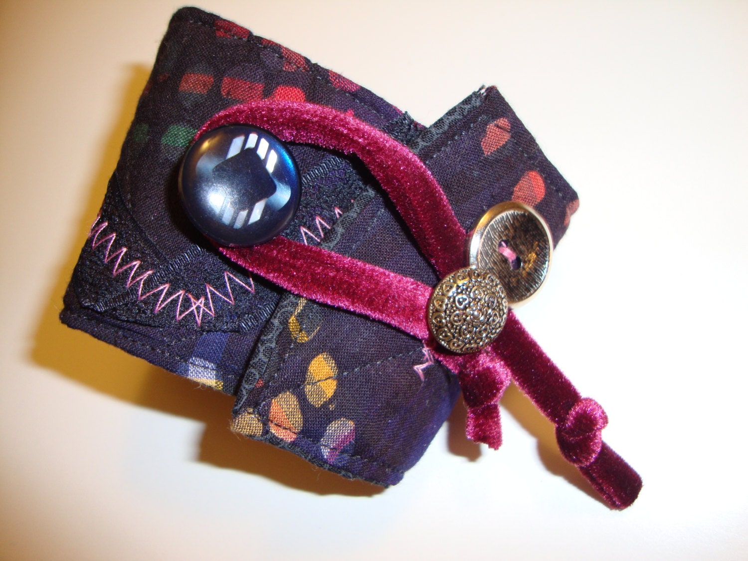 Buttoned Cotton Print Art Cuff II in burgundy and black with black and silver buttons