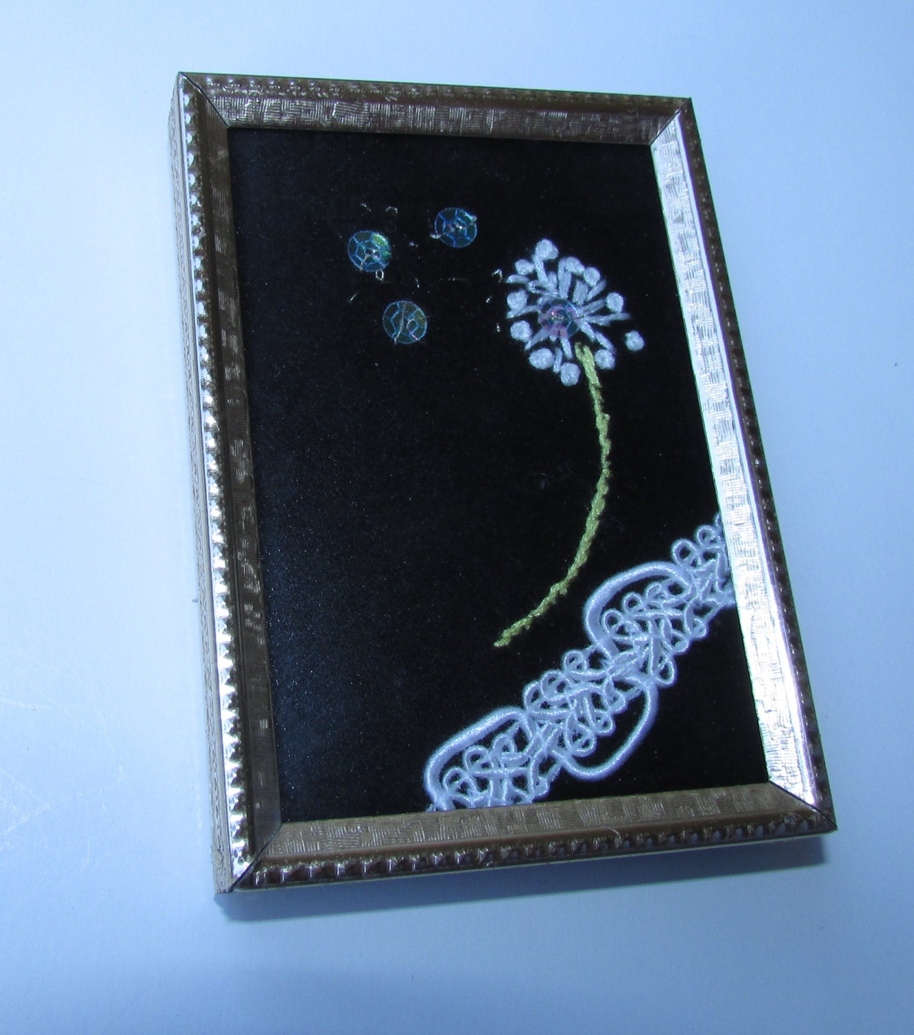 Velvet Embroidered Dandelion Fiber Art in a small vintage frame