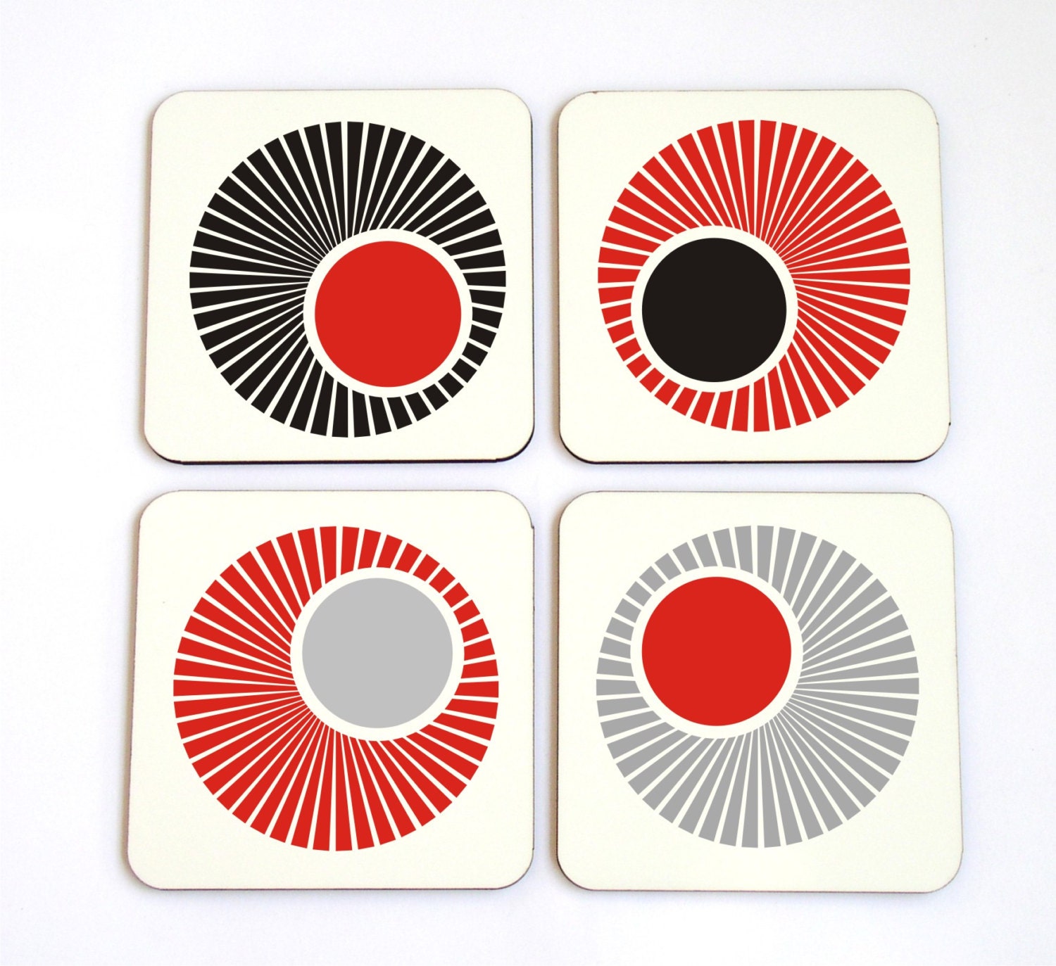 coaster set black white red gray circles swirls retro drink coasters hostess housewarming set of 4 coasters gift idea