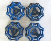 4 vintage faucet handles, vintage valve handles, water knob, 230, blue metal faucet knobs, steampunk iron