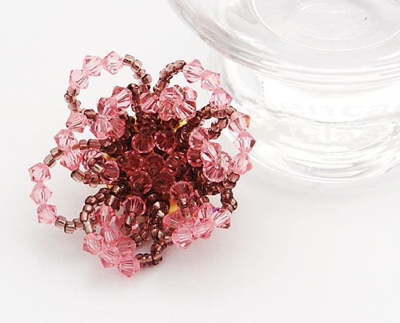 Pink and purple brooch with seed beads and Swarovski Crystals gold pin