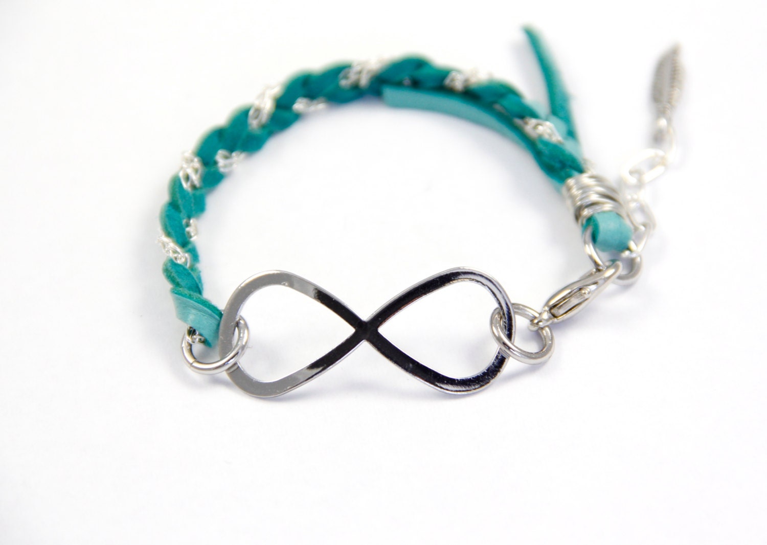 Infinity - Turquoise Leather and Silver Chain Braid