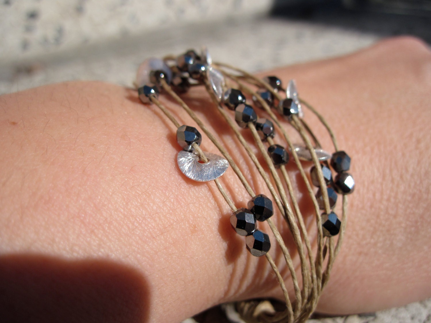 String bracelet sterling silver 750 button and amber and brown czech glass beads  fiber jewelry