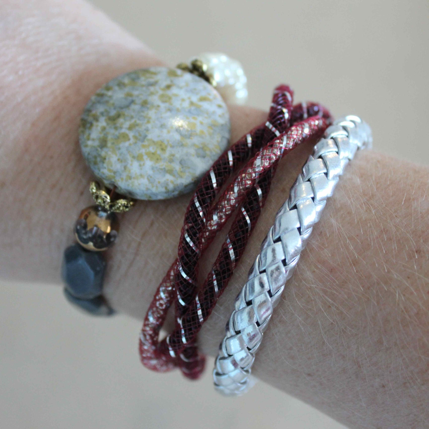 Raspberry Red and Black Mesh Tube 3 Strand Bracelet