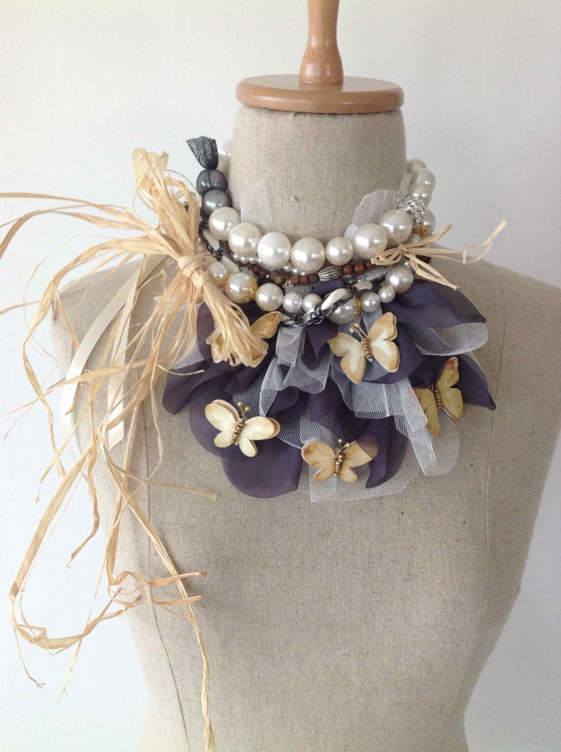 Butterfly Dreams Ruffle Pearl Choker Bib Statement Necklace with Rattan Bow - As featured in Fashion Week 2013