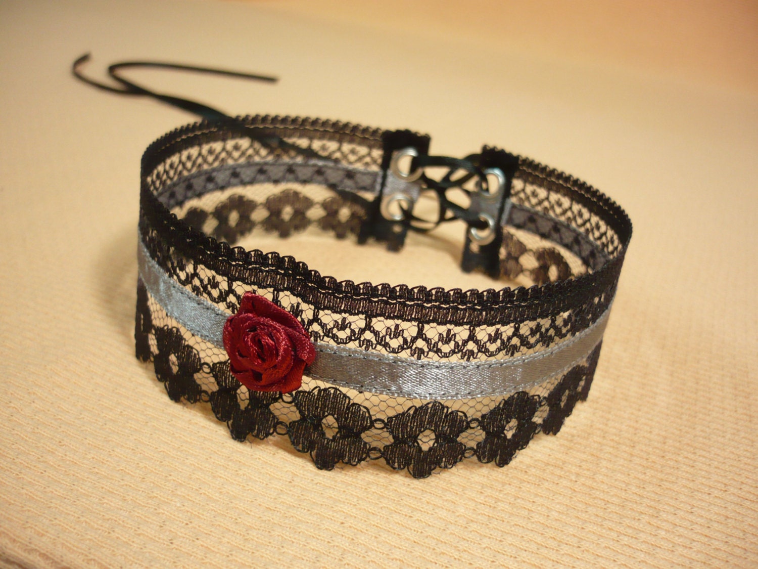 Baroque Lace Choker Black Steel Silver Red Wine Color, Renaissance Necklace with Rose and Satin, Castle, Costume, Glamour, Textile Jewelry