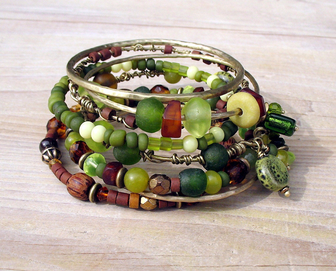Gypsy Tribal Bangle Stack Bracelets, Lime Yellow Green African Trade Beads, Brown Amber, Brass Bronze, Set of Eight