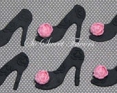 Fashion Diva edible cupcake toppers - Black with pink rose high heel shoe