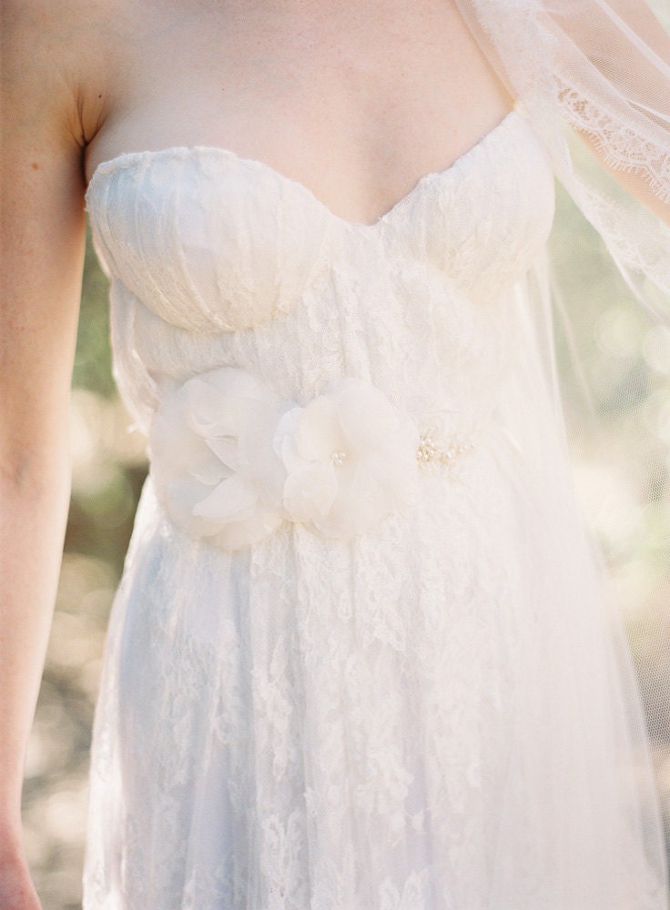 Bridal Sash, Floral, Pearls, Silk Flower, Lace - Style 205