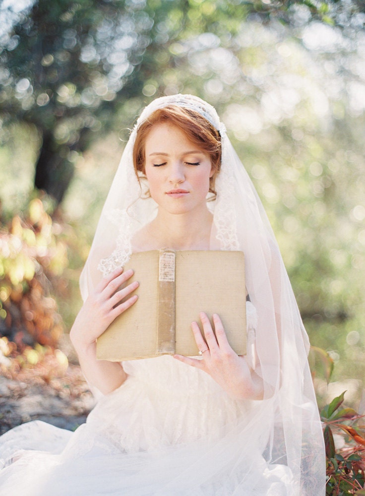Tule chapel length veil, lace, bridal cap - Touch of Love - Made to Order