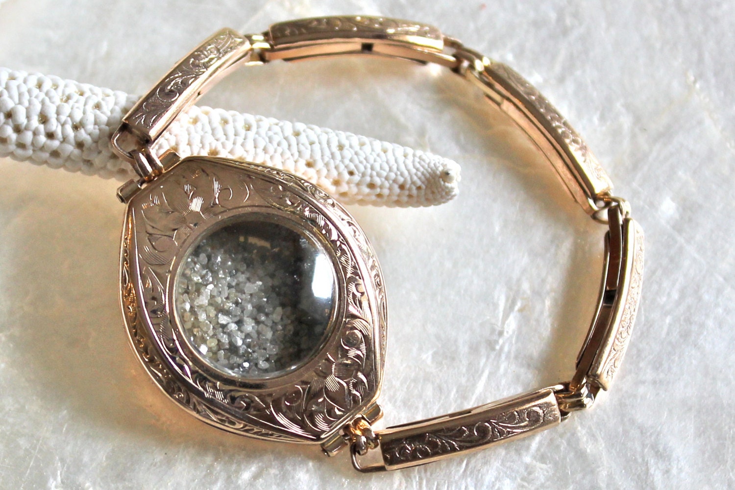 Sands of Time Shake Bracelet w/ Raw Rough Diamonds - Vintage Edwardian Ladies Wrist Watch - 14kt Rose Gold Fill - Eco Friendly Conflict Free