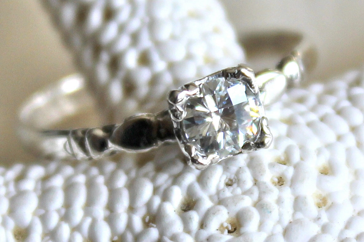 Vintage Fishtail Solitaire Ring of Sterling Silver and Moissanite - Promise, Engagement, Wedding Ring - Conflict Free - Ready to Ship