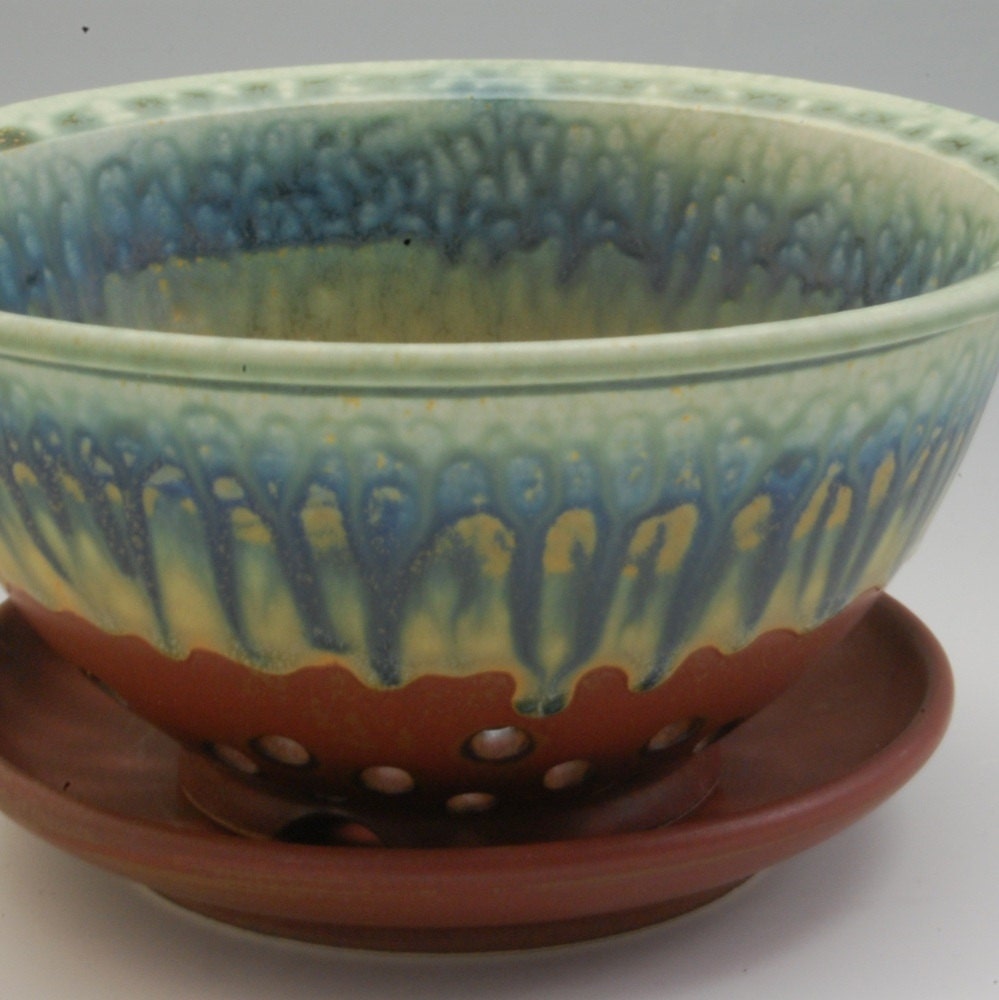 Handmade pottery Berry Bowl Colander Cinnamon Brown Fern green and blue by Mark Hudak