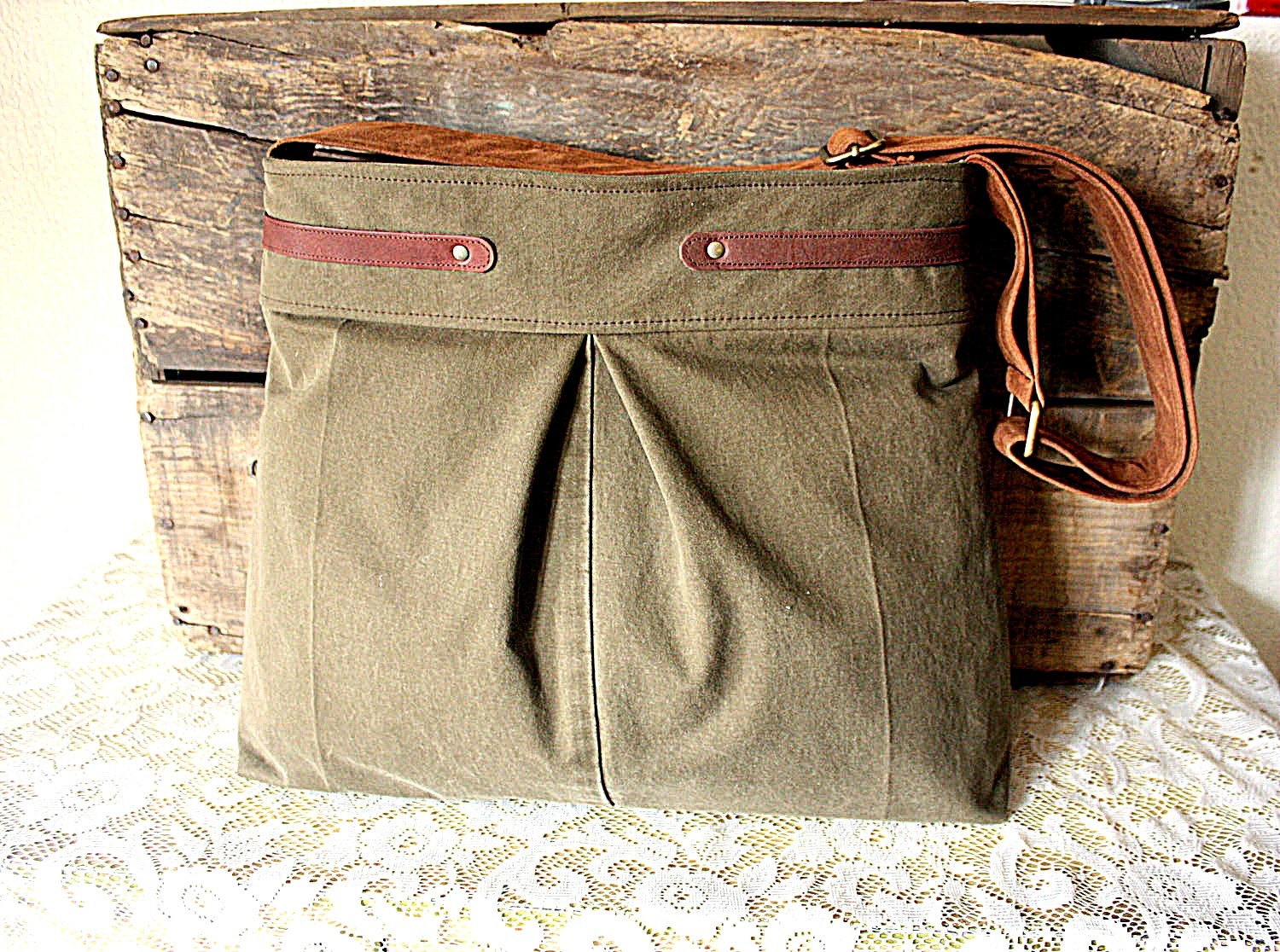 Olive Canvas Handbag/ Diaper bag /Tote bag/ Messenger/ Purse  in Upcycled heavy brushed army olive twill   --READY TO SHIP---