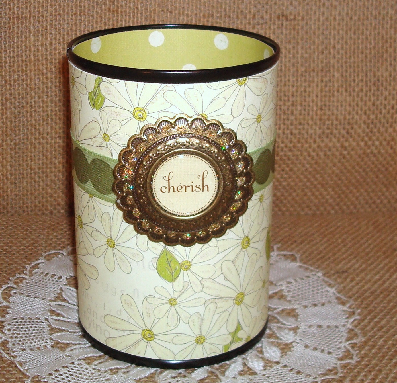 Pencil Cup in Chartreuse Daisies and Dots Decorative Can Pencil Holder No. 225