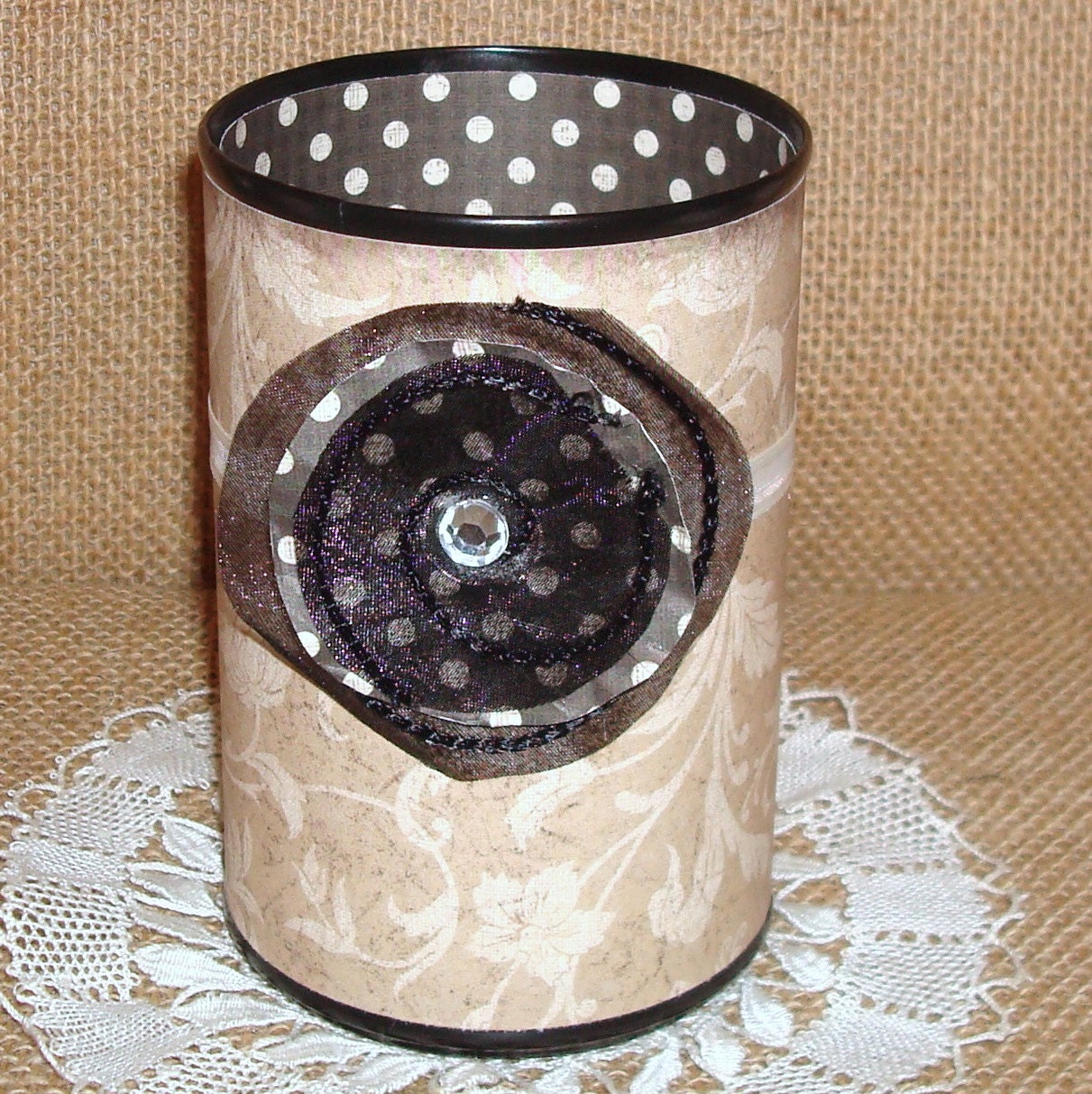 Shabby Chic Pencil Cup Taupe and Charcoal Decorative Can Pencil Holder No. 231