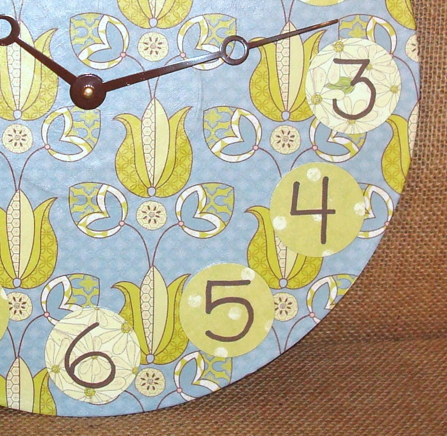 Wall Clock -  Lime and Blue Tulip Whimsical - Recycled Vinyl Record - With Numbers - No. 1029 (12 inches)