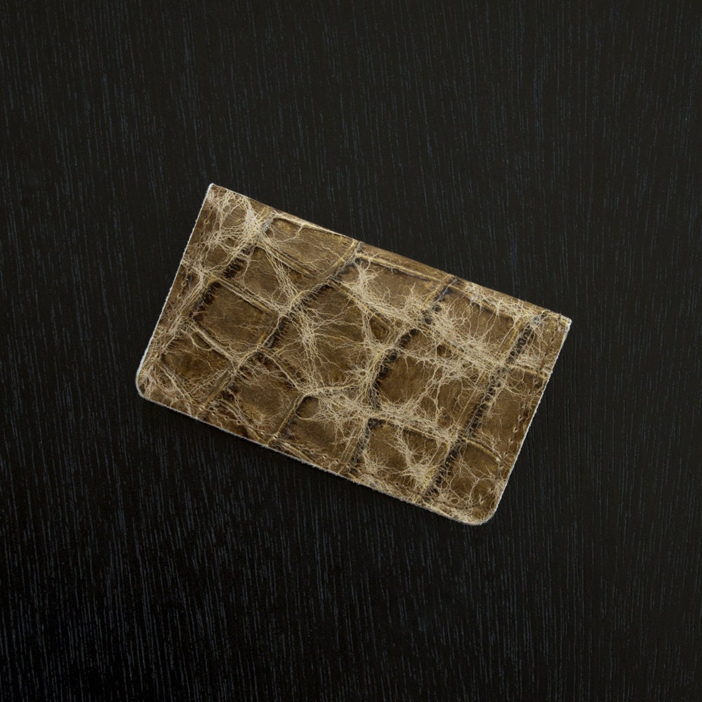 Leather Credit Card Wallet / ID Wallet / Business Card Holder / Gift Card Holder - Crocodile Embossed  - Taupe and Brown