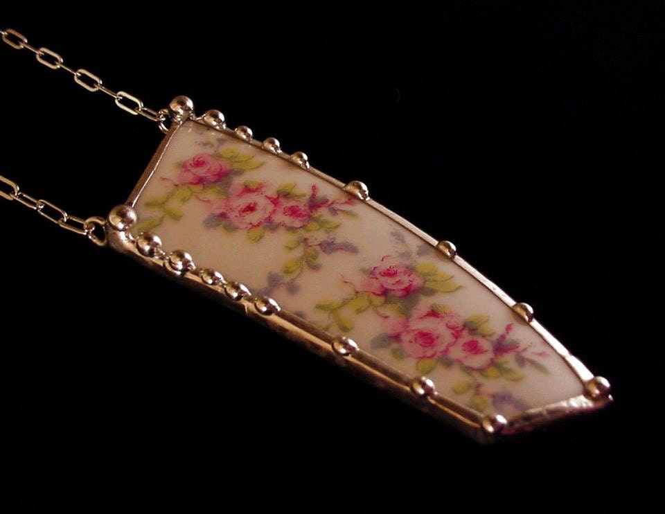 Broken china jewelry necklace pink roses made from a broken antique china plate