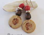 Bohemian Earrings with Red Coral, Shell, African Bone & Wood, Beaded Dangle Earrings, Boho Gypsy Beadwork Earrings, Summer Fashion Jewelry