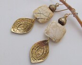 Dangle Earrings with Handmade Gold Brass Leaves, Creamy Beige Jasper Stones & Gold Pearls, Artisan Metalwork Jewelry, Gold Tone Earrings