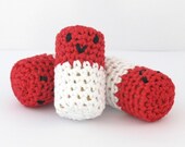 happy pills cat toys - cork and crochet - amigurumi - red and white - set of three