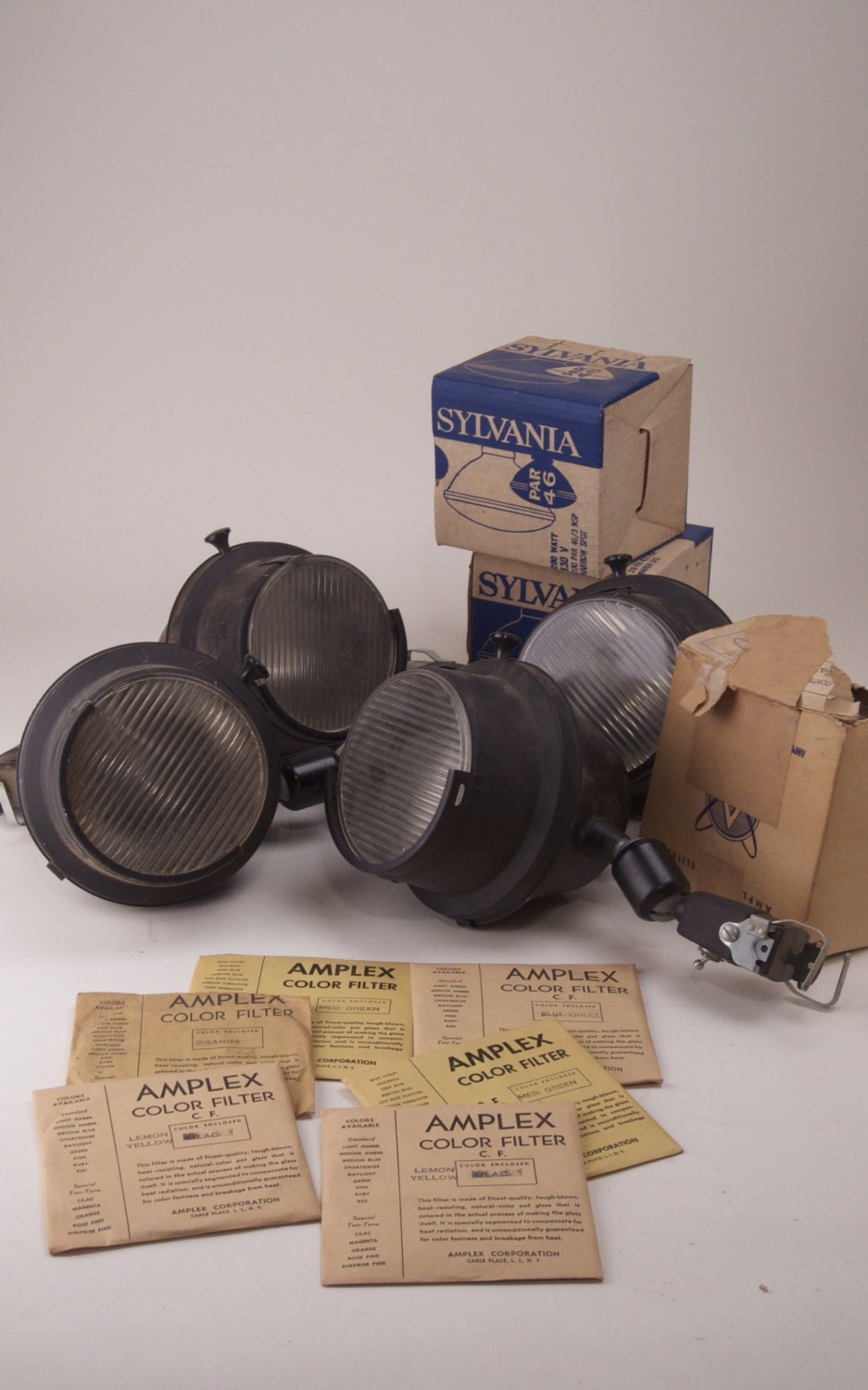 Vintage midcentury industrial  Amplex stage track lights with a box of color filters and extras