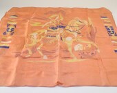 Vintage Scarf Coral and Blue  Cowgirl Southwest Tihuana Mexico Souvenir   free shipping