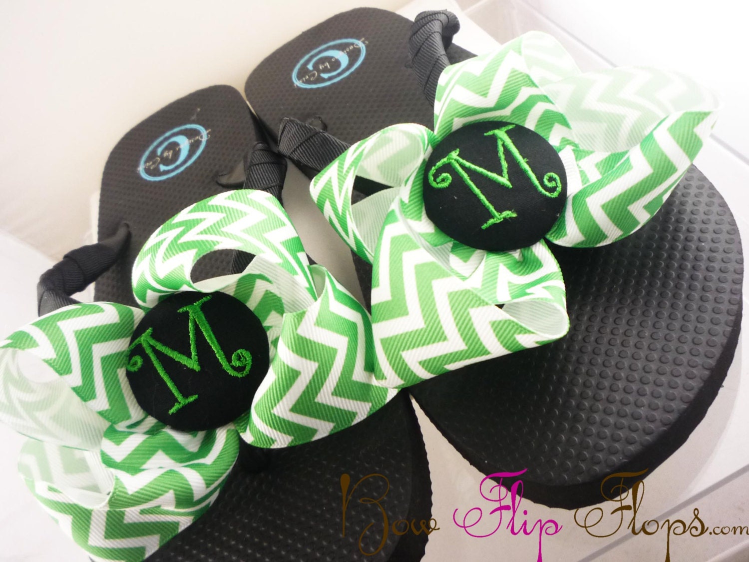 Chevron Personalized Flip Flops Bow Number Personalized Monogrammed Mom Girl Boutique Ribbon Flip Flops choose your ribbon