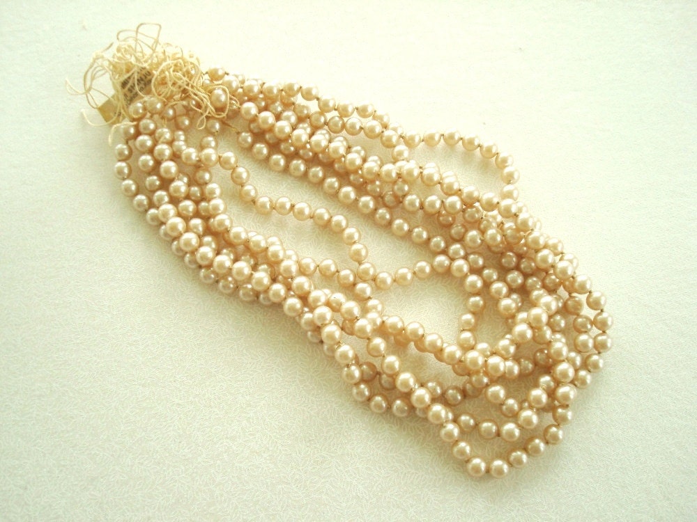 Vintage glass pearl strands, silk-knotted, made in Japan, 6 strand hank, 318 pearls
