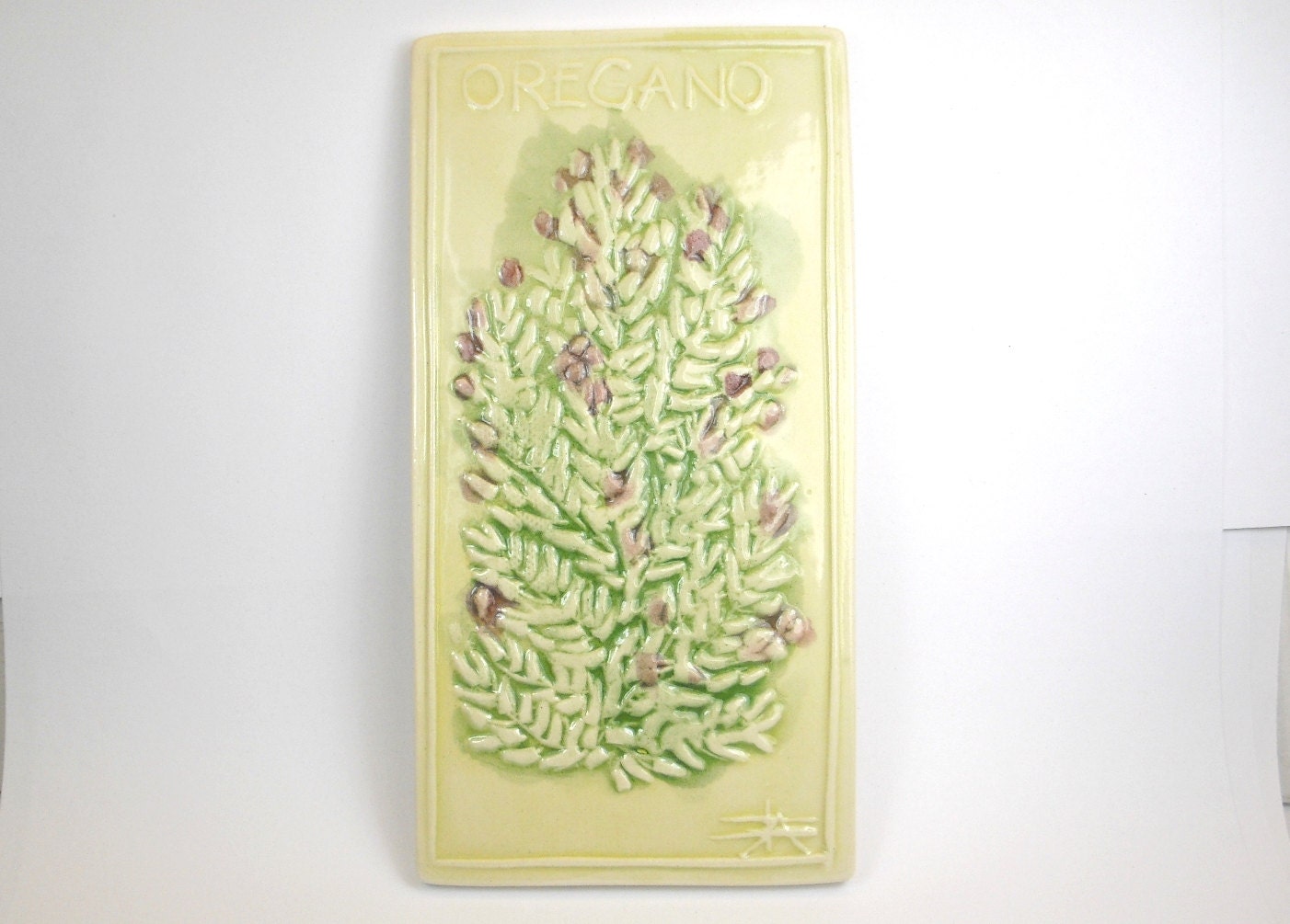 OREGANO Handmade Ceramic Tile Wall Hanging lightweight original hand carved watercolor kitchen garden herb tile individual series by FAO