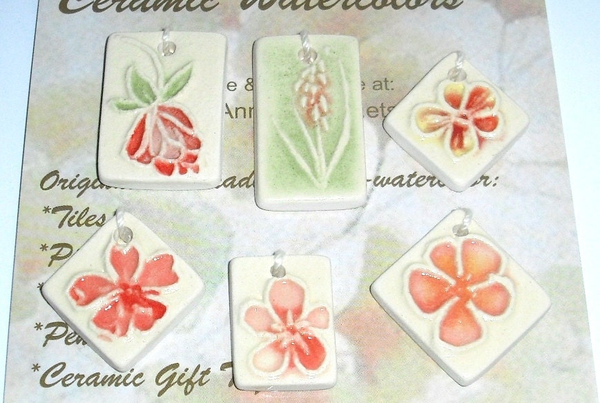 SPRINGTIME 6 piece OOAK Jewelry Component set handmade ceramic tile warm yellow green red Bead Button Show 2013 by Faith Ann Originals a16