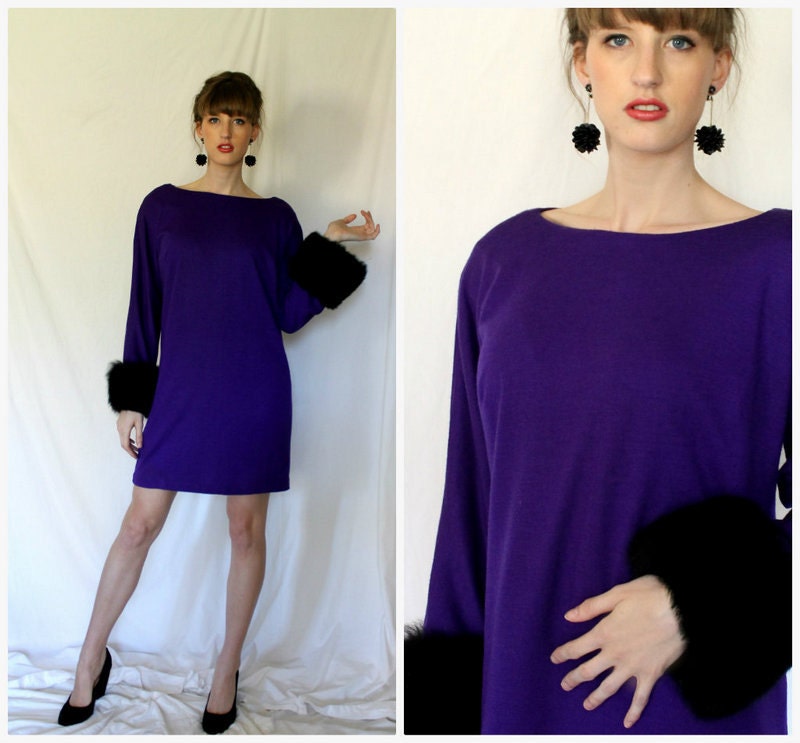 1980s MOD Purple Power Dress -Black Fox Fur Trim - Cocktail - Geary Roark - Women Small Medium