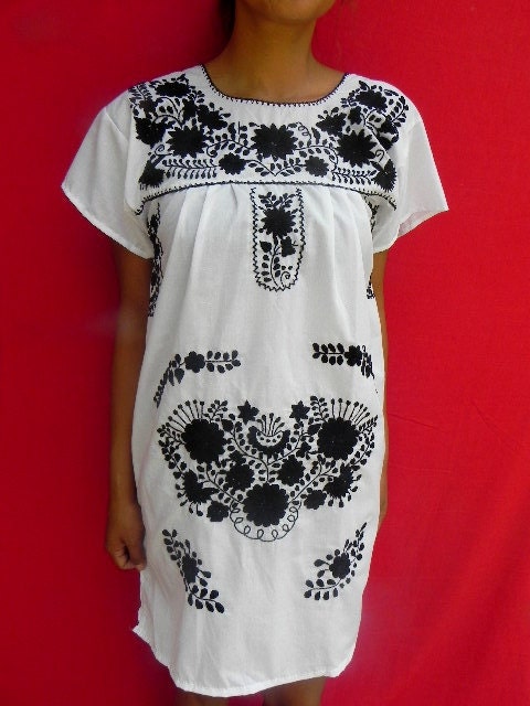 Mexican White Dress Very Fine Black Flowers Embroidered Handmade Special Collection Spring / Summer Small
