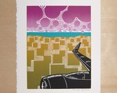 Airplane Linocut Print - Aerial View