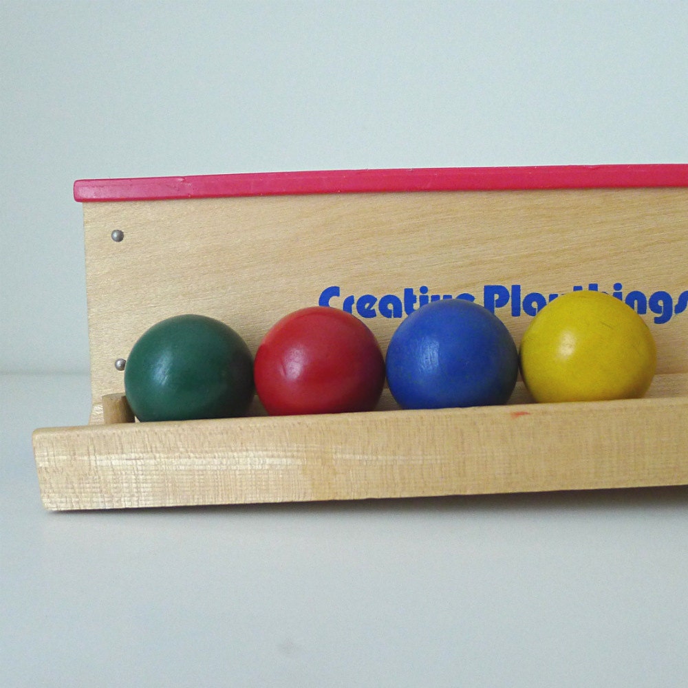 Vintage Wooden Toy, Ball and Hammer Set, 1970s Creative Playthings - wooden, children, educational, retro, red, blue, green, yellow